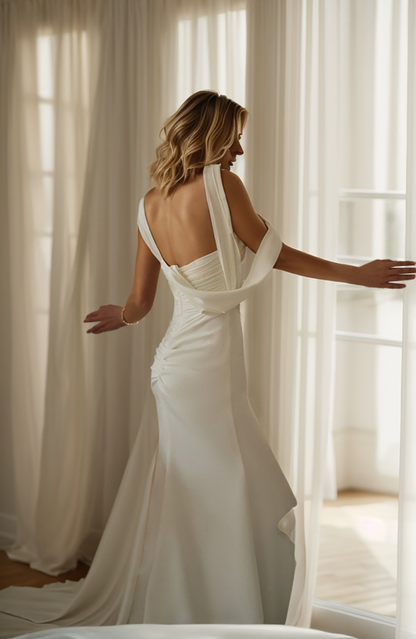 Greece Goddess pleated bodice wide strap fit and flare Satin wedding dress thigh slit little white dress