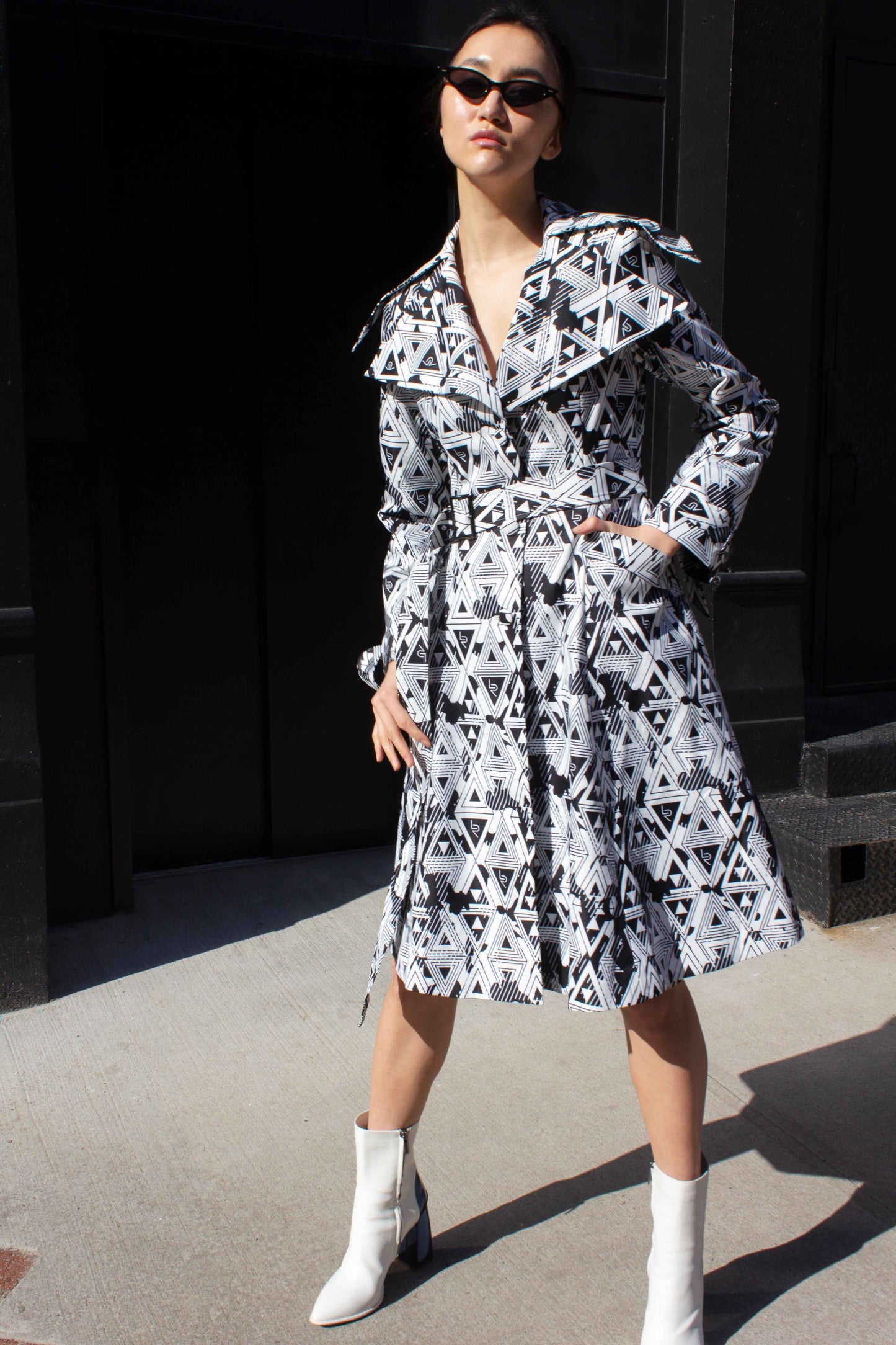 Amour Geometric Long Trench Coat – Modern Women’s Outerwear