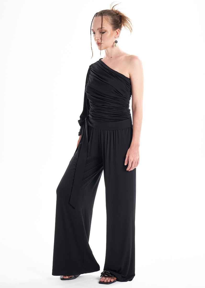 Black Knit 2-Piece Set With An Asymmetrical One-Sleeve Blouse And Palazzo Pants