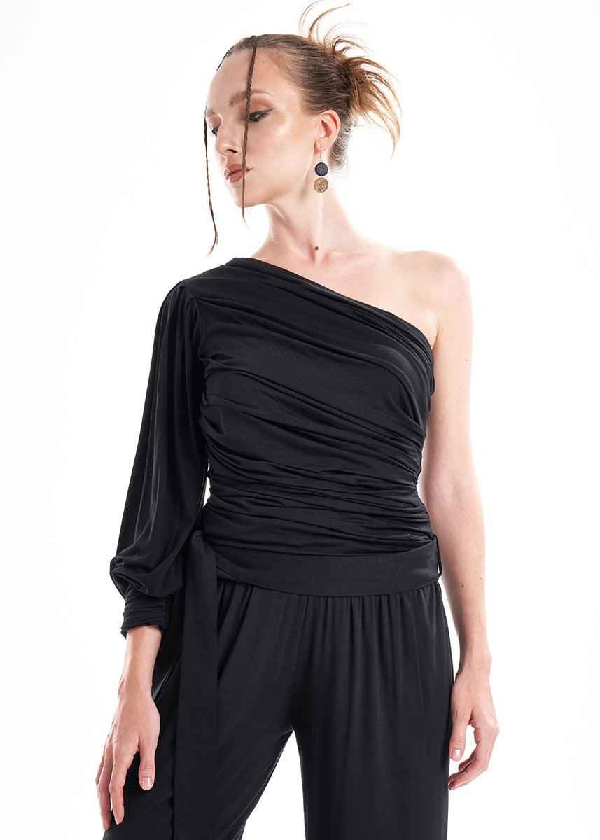 LavaNera One Shoulder Black Jersey Viscose Blouse