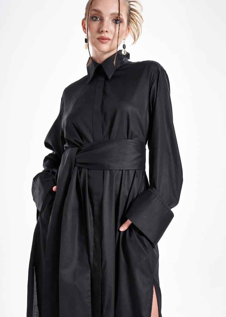 Lightweight And Breathable Deep Black Set With Maxi Button Down And Palazzo Pants