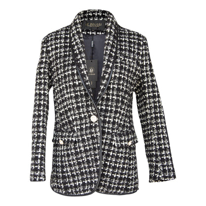Blazer de tweed a cuadros en blanco y negro: elegante chaqueta de sastre para mujer