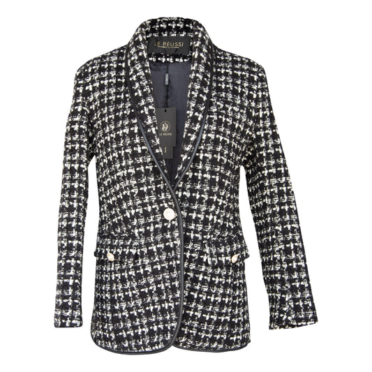 Blazer de tweed a cuadros en blanco y negro: elegante chaqueta de sastre para mujer