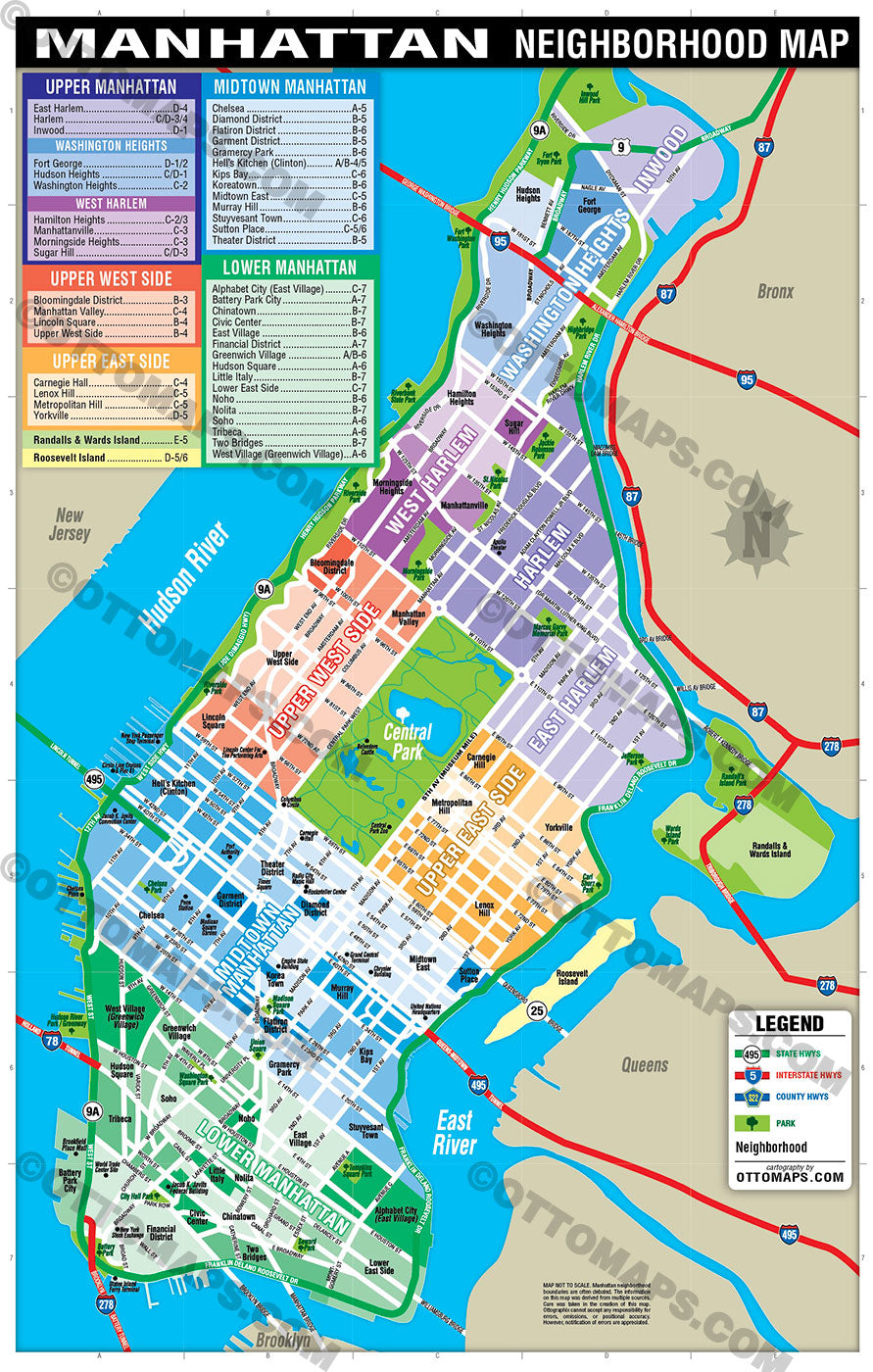 Manhattan Neighborhood Map (no zip codes), New York, NY - POSTER PRINTS