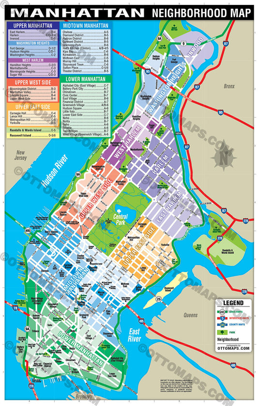 Manhattan Neighborhood Map (no zip codes), New York, NY - POSTER PRINTS