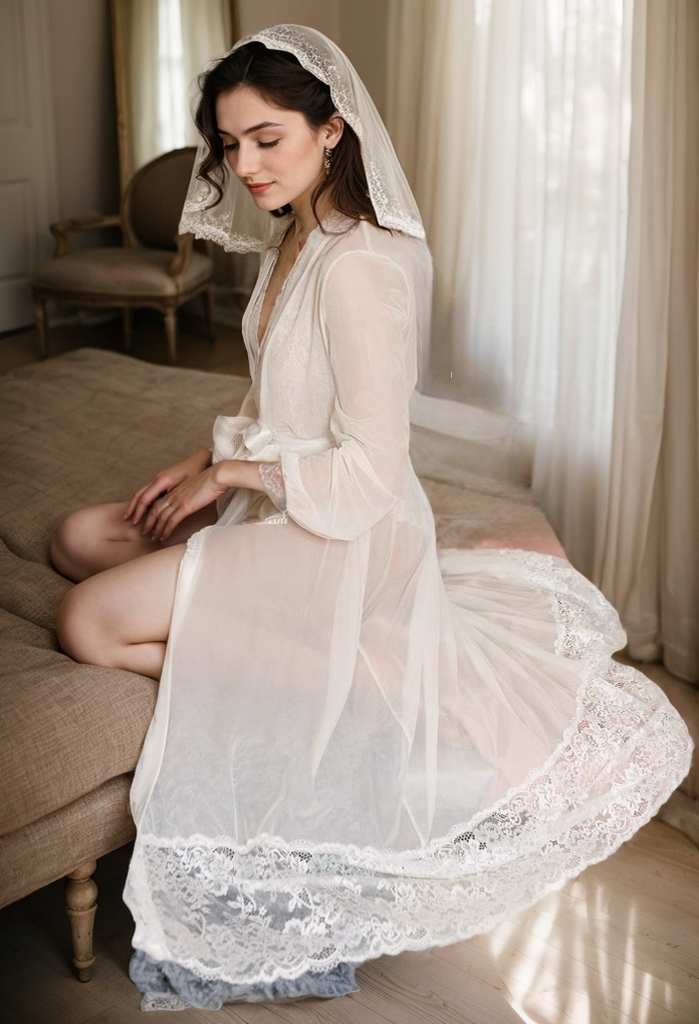 Elegant Sheer Mesh White Lace Long Bridal Robe Set