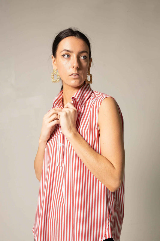 Italian Cotton Stripe Red Sleeveless Top – Women’s Chic Summer Top
