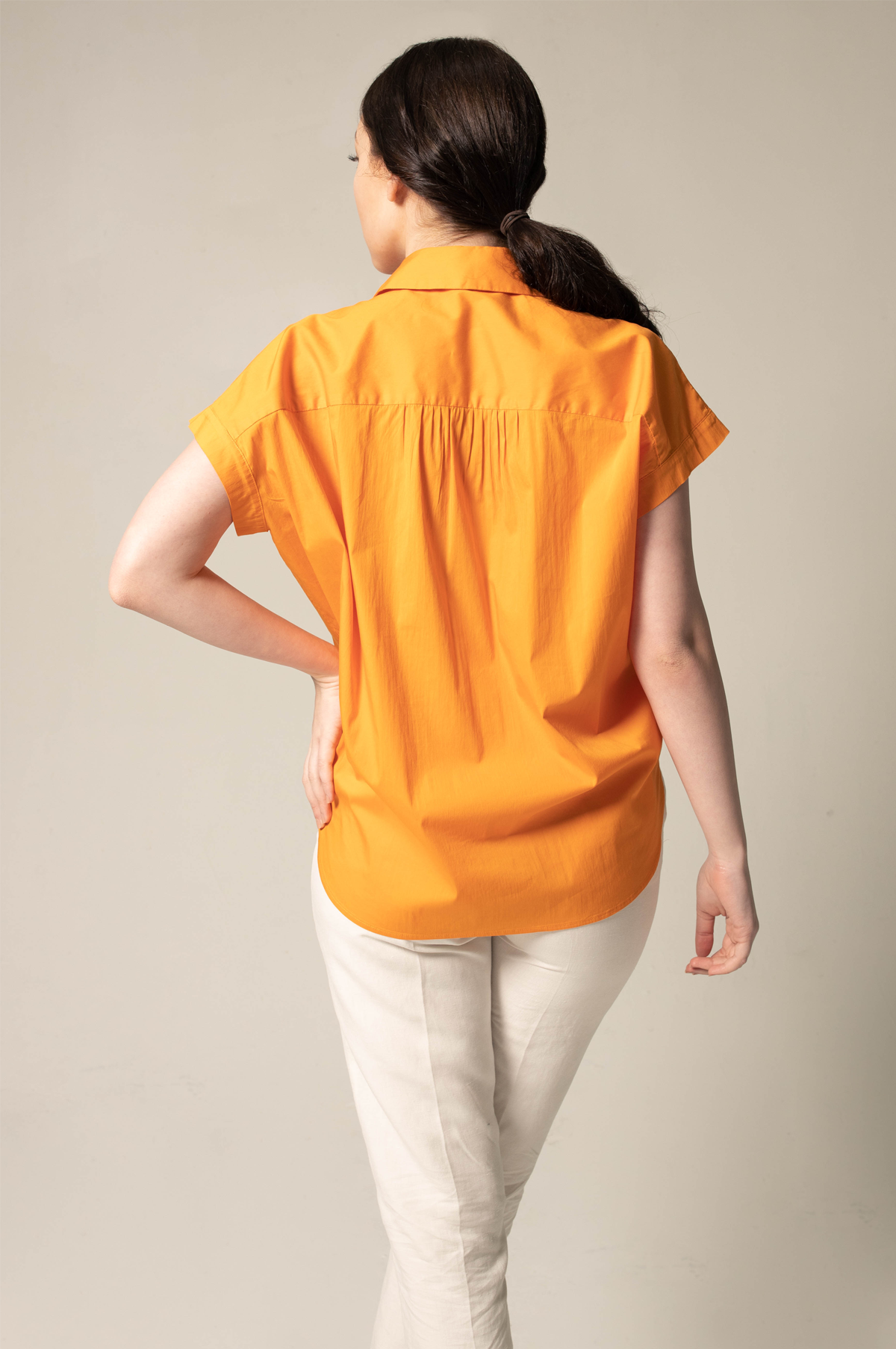 Womens Gather Collar Shirt in Orange – Stylish Gathered Blouse - Lolomo!