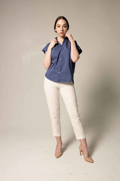 Womens Gather Collar Shirt in Navy – Elegant Blouse