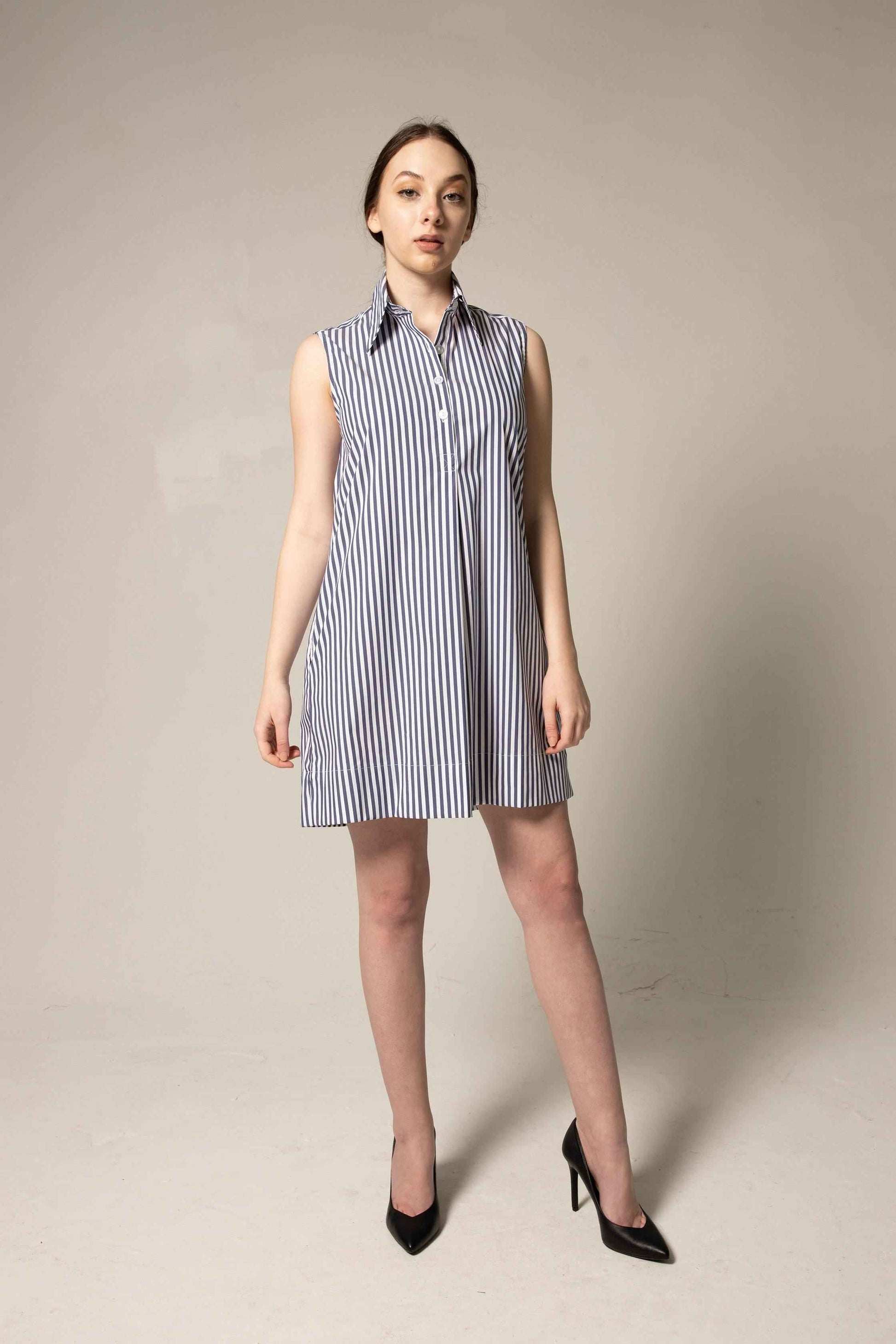Italian Cotton Blue Stripe Sleeveless Dress – Elegant Summer Dress