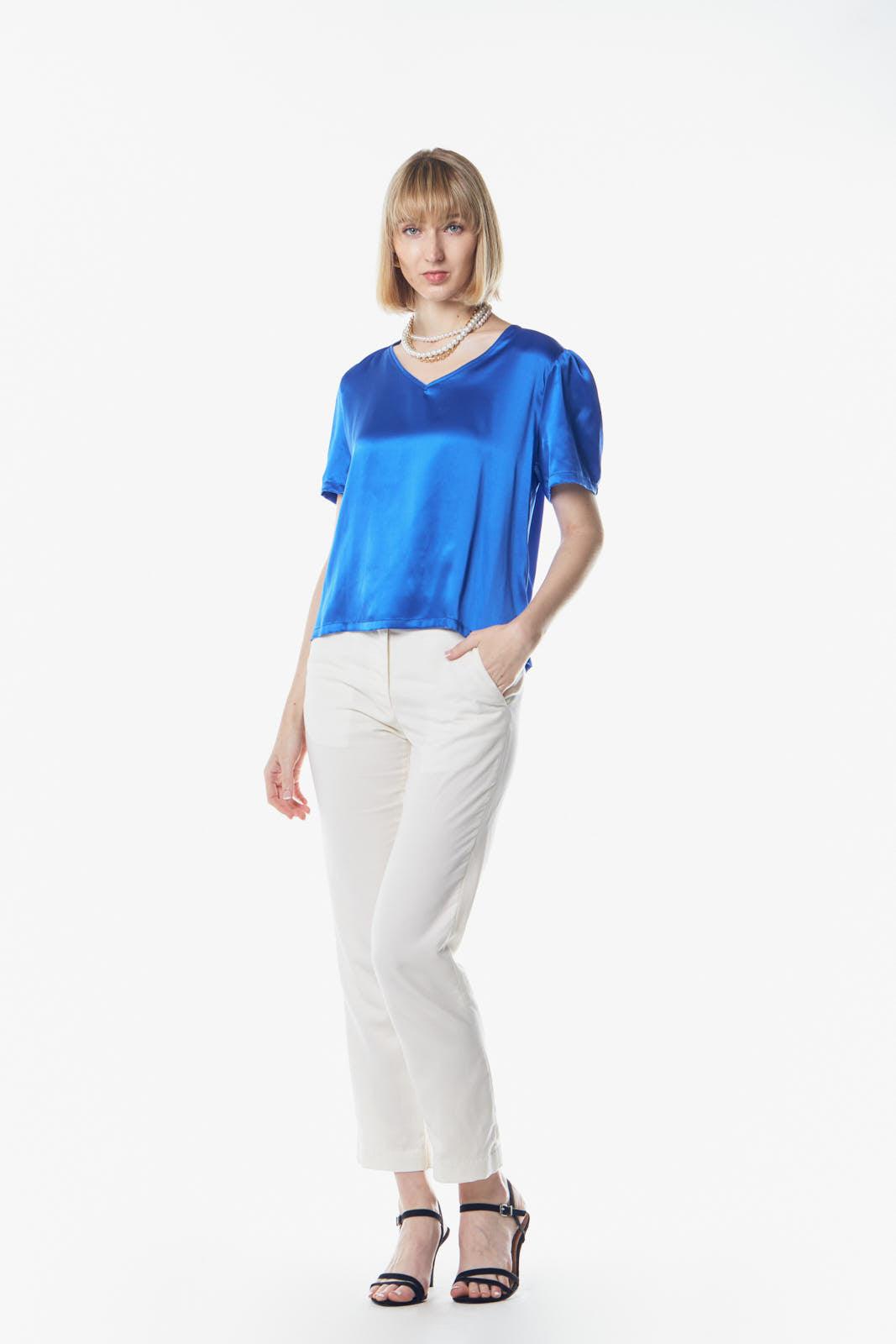 Shining V-Neck Blouse in Blue – Women’s Elegant V-Neck Top - Lolomo!