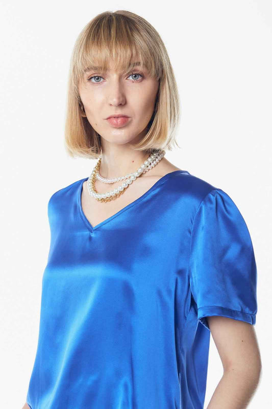 Shining V-Neck Blouse in Blue – Women’s Elegant V-Neck Top
