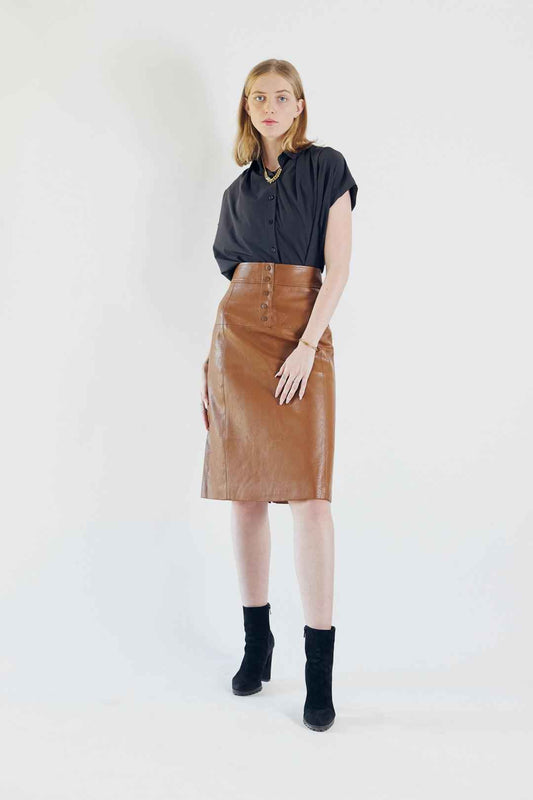 Glossy Brown Vegan Leather Pencil Skirt – Women’s Chic Leather Skirt