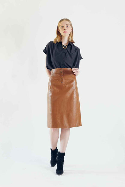 Glossy Brown Vegan Leather Pencil Skirt – Women’s Chic Leather Skirt