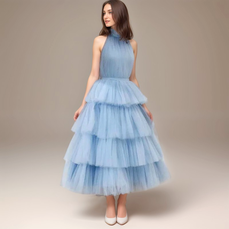 Ruffle Layered tulle Hem Haltered A-line tutu French style long prom dress