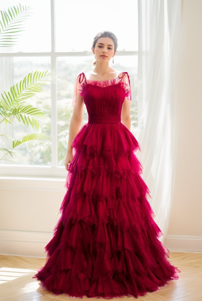 Spaghetti-straps Pleated bodice Ruffle Layered tutu soft tulle prom dress