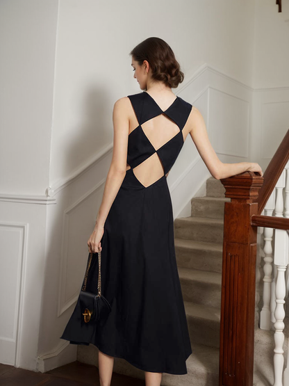 Timeless Elegance Backless Satin Midi Dress with Intricate Cutout