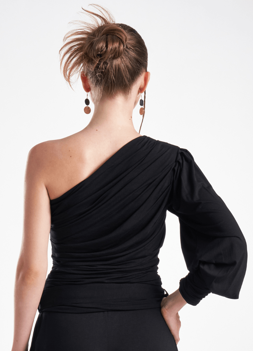 LavaNera One Shoulder Black Jersey Viscose Blouse
