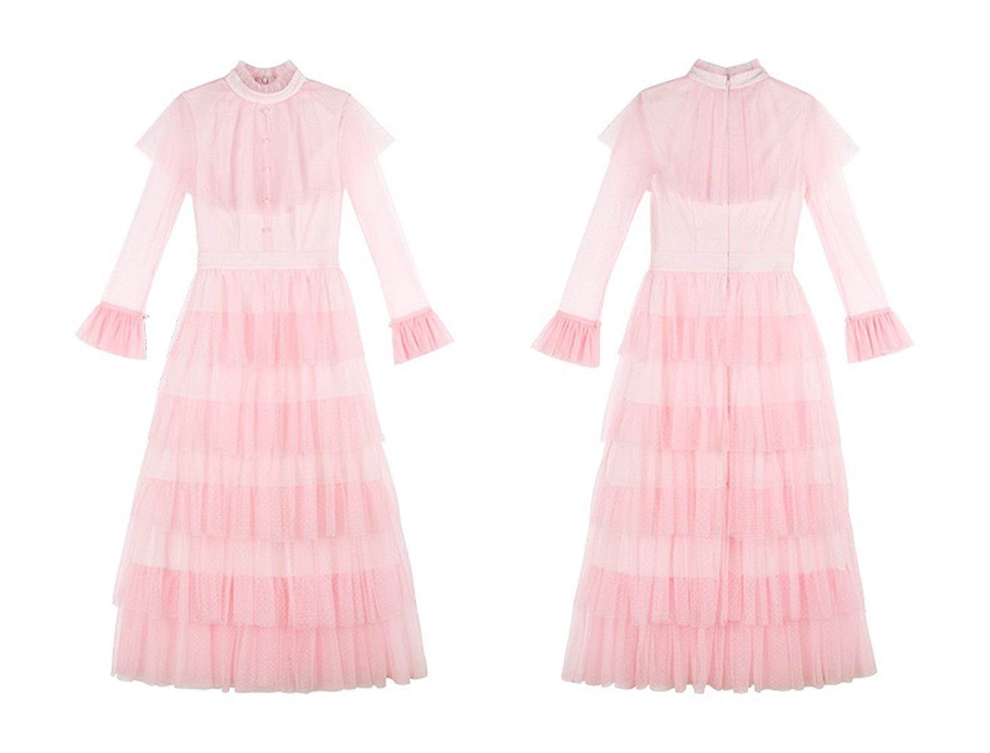 Vintage high neck Layered Ruffle tutu Skirt tulle prom dress with sleeves