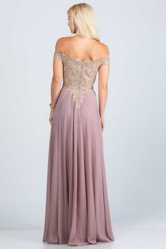 La Scala Off Shoulder Chiffon Gown with Lace Appliques