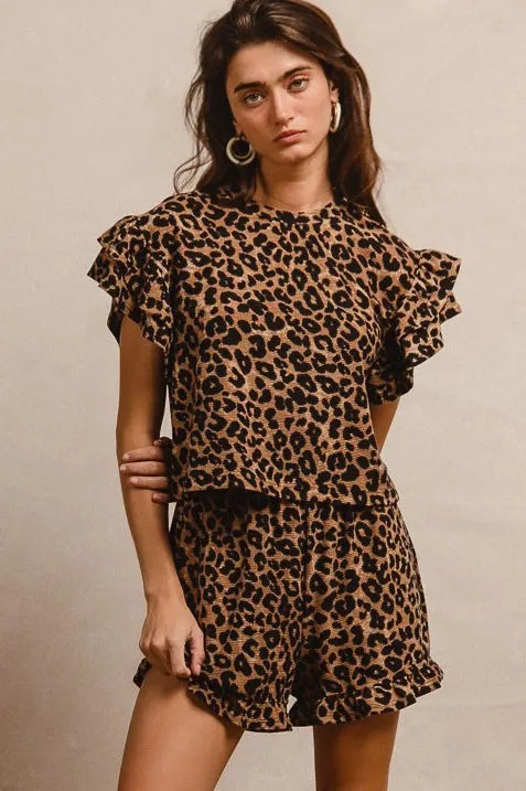 BiBi Leopard Print Waffle Texture Layered Ruffle Sleeve Top and Shorts Set