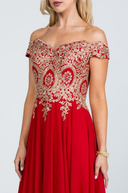 La Scala Off Shoulder Chiffon Gown with Lace Appliques