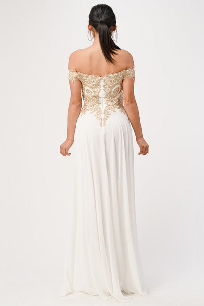La Scala Off Shoulder Chiffon Gown with Lace Appliques