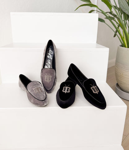 Butterfly Velvet Flats in Grey