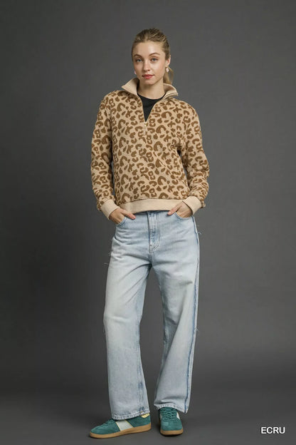 Umgee Leopard Print Quarter-Zip Sweatshirt