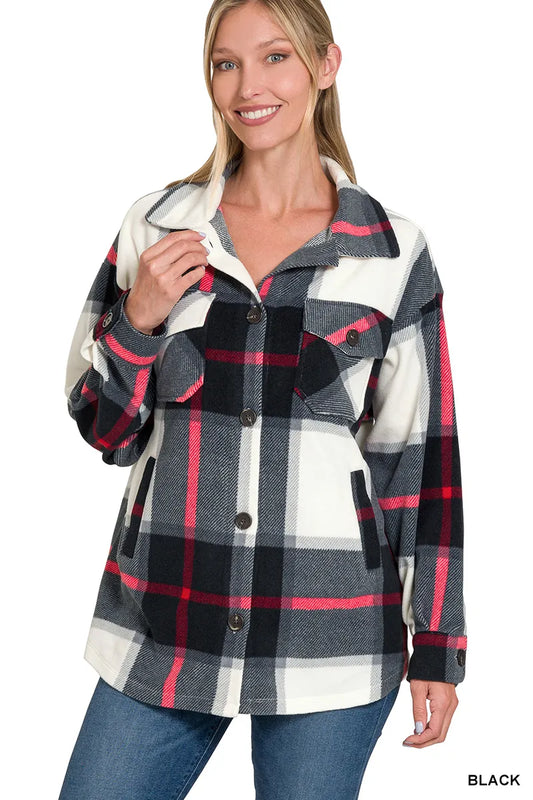 Zenana Oversized Plaid Fleece Shacket in Black