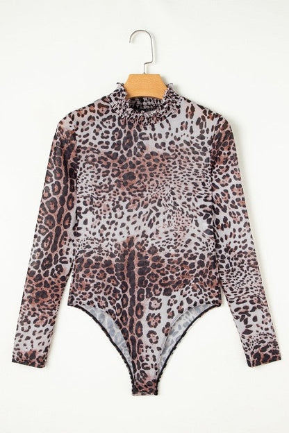 Leopard Mesh Smocked Neck Long Sleeve Bodysuit