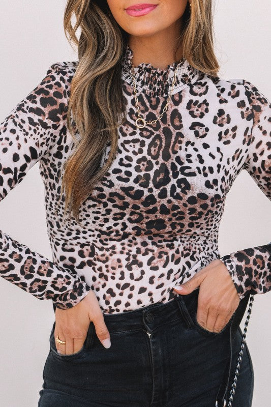 Leopard Mesh Smocked Neck Long Sleeve Bodysuit
