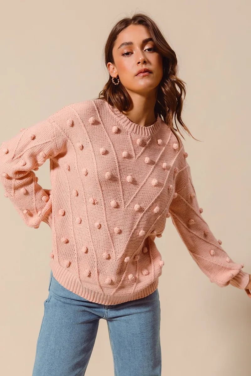SO ME Pom Pom Textured Knit Sweater Top