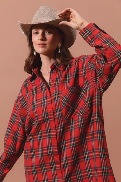 SO ME Christmas Checker Plaid Button Up Shirt Dress
