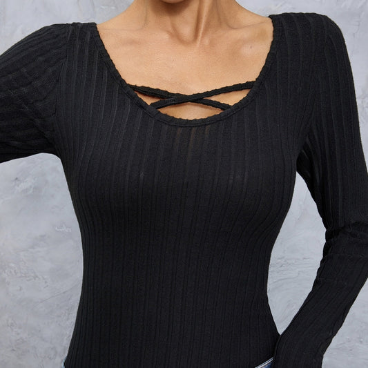 Cross‑collar long sleeve slim tee