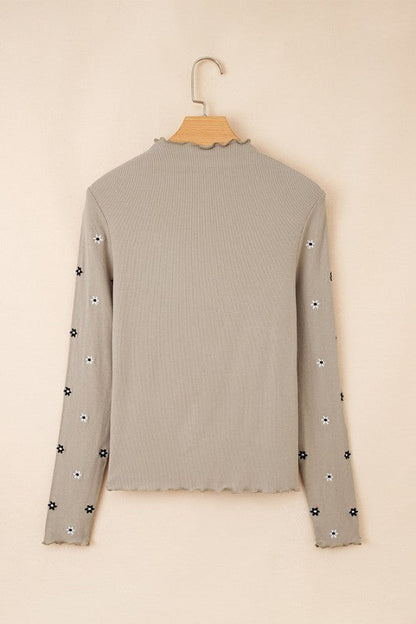 Floral Ribbed Embroidered Long Sleeve Top