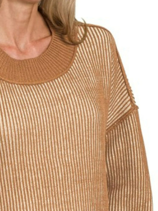 Zenana Exposed Seam Two Tone Ribbed Sweater