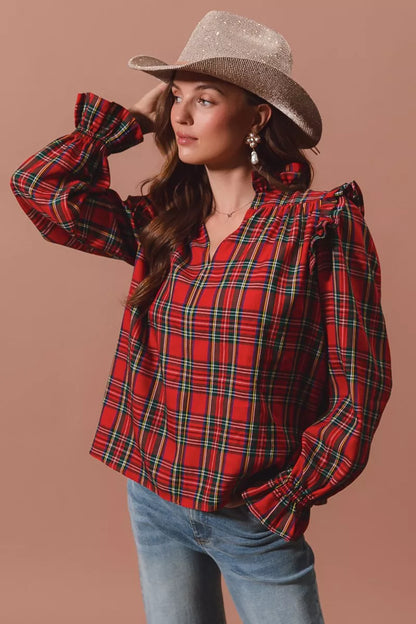 SO ME Christmas Checkered Plaid Smocked Blouse