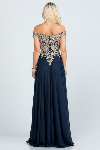 La Scala Off Shoulder Chiffon Gown with Lace Appliques