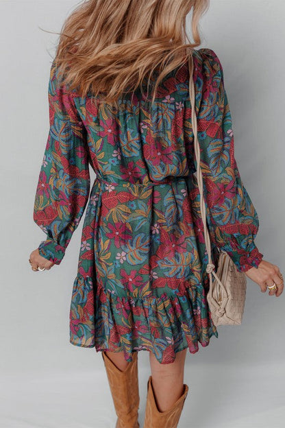 Floral Frilled V-Neck Puff Sleeve Ruffle Shirt Dress