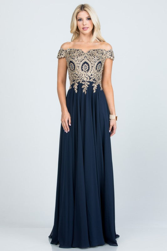 La Scala Off Shoulder Chiffon Gown with Lace Appliques