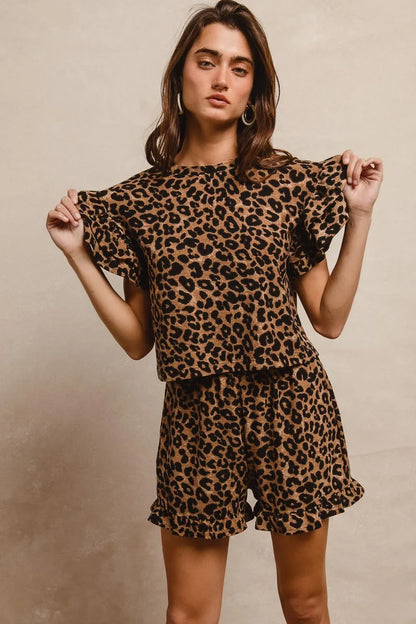 BiBi Leopard Print Waffle Texture Layered Ruffle Sleeve Top and Shorts Set