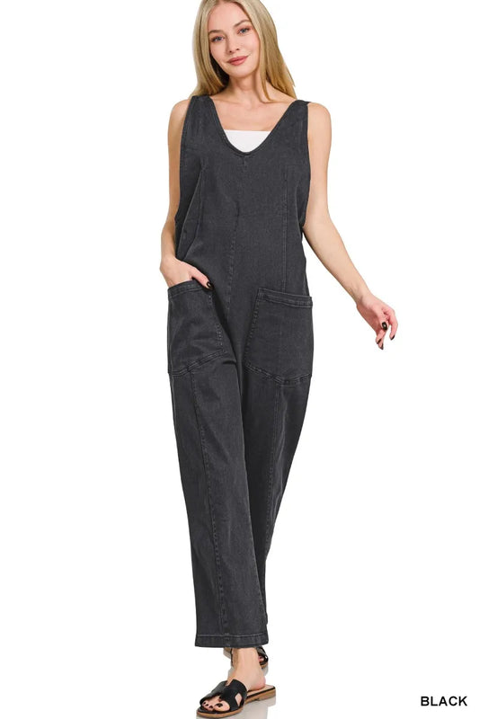 Zenana Casual Adjustable Strap Baggy Jumpsuit with Pocket in Black