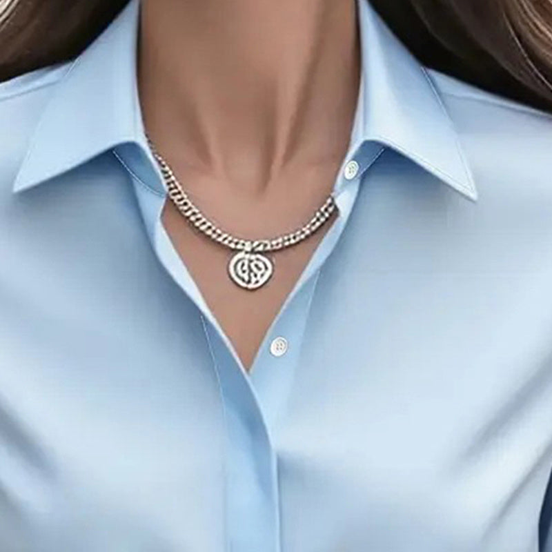 Loose Fit Satin Blouse — V-Neck Long Sleeve Tunic Top for Office & Casual Wear