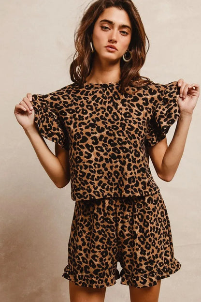 BiBi Leopard Print Waffle Texture Layered Ruffle Sleeve Top and Shorts Set