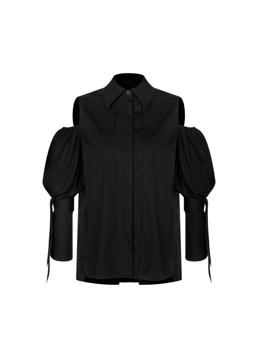 Quarta Open Shoulders Black Premium Poplin Shirt