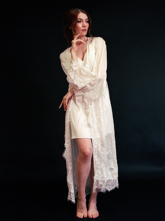 Silky Chiffon Trimmed Lace Long Lingerie Robe with Nightgown