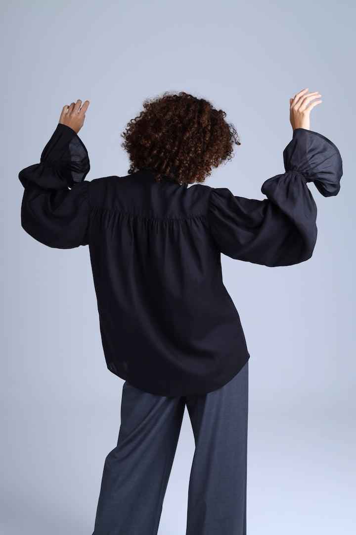 Protagonista Tencel Pussy-Bow Black Blouse With Voluminous Airy Sleeves
