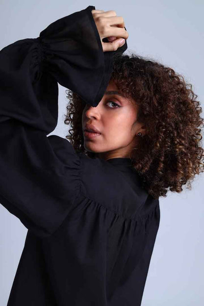 Protagonista Tencel Pussy-Bow Black Blouse With Voluminous Airy Sleeves