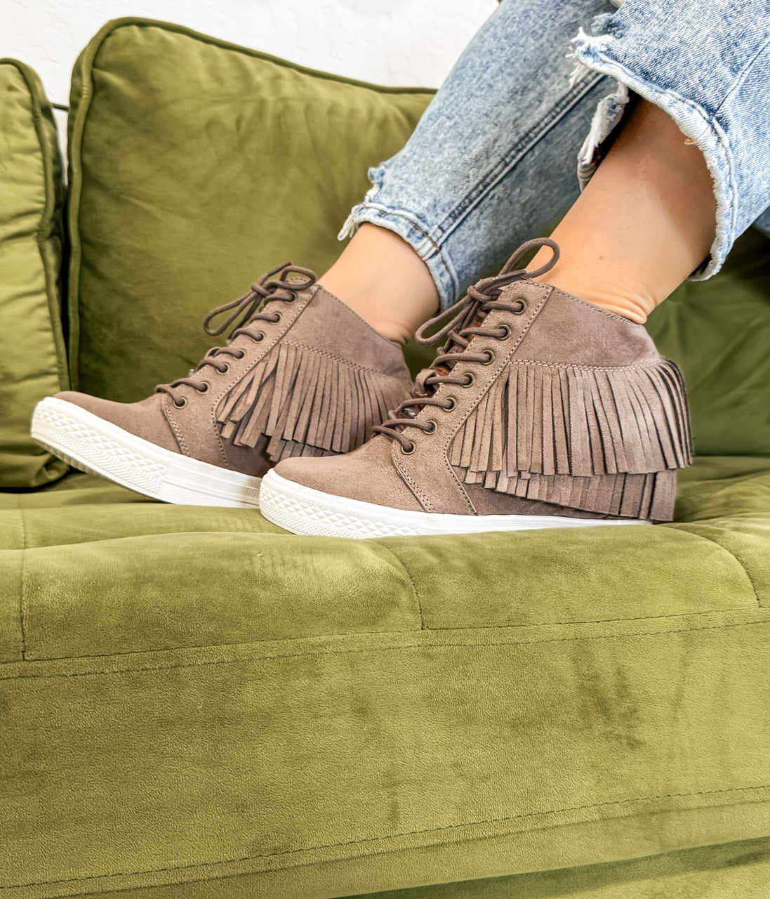 Nick Fringe Sneaker Wedge in Taupe